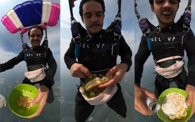 No había desayunado: ¡Paracaidista sorprende comiendo cereal en pleno salto!