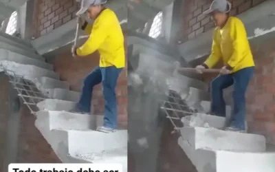 Albañil destruye escalera que acababa de construir, después de que se negaran a pagarle por su trabajo.