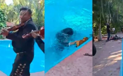 ¡¡El show debe continuar!! Mariachi cae al agua y sus compañeros no dejan de tocar para sacarlo. VIDEO